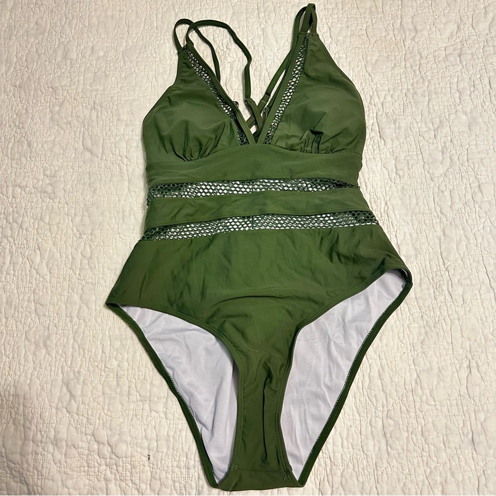 NEW Ai'mage Green V Neck 1 Piece Swimsuit Size Large Mesh Crochet Inset